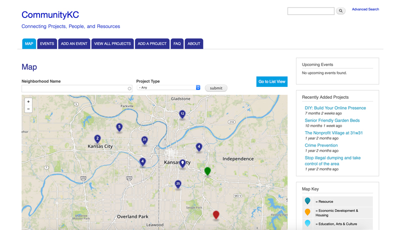 Figure 2: CommunityKC homepage where Kansas City residents can locate projects they may be interested in volunteering for; organizations are sorted by type, location, and self-described volunteer needs.