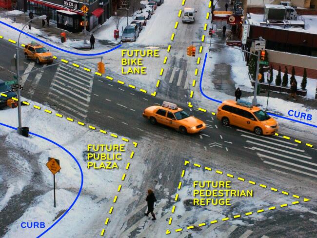 image of a street intersection marked up with sneckdown locations