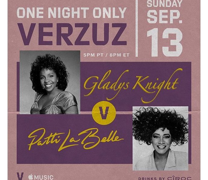 Verzuz Battle flyer: Purple flyer with images of Gladys Knight and Patti LaBelle with logistics of event: Sunday, September 13th, 5pm PT/8PM ET