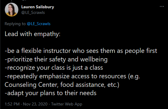 Tweet from @LE_Scrawls listing strategies instructors can use to lead with empathy