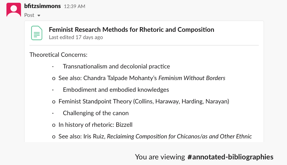 A screenshot shows a collapsed text entry titled "“Feminist Research Methods for Rhetoric and Composition." Below the title, "Theoretical Concerns" is listed, with a bulleted entry for "Transnationalism and decolonial practice." Below are several, similar entries with concerns and accompanying texts.