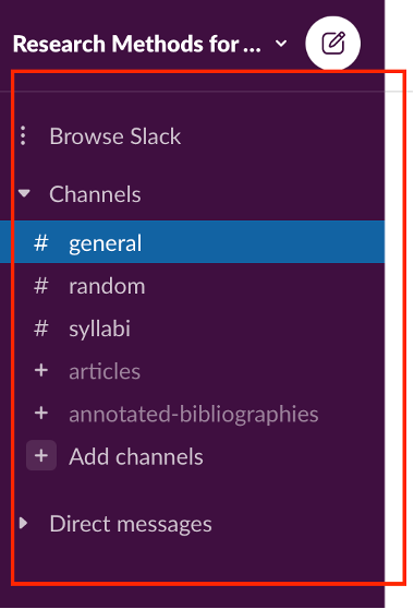 This screenshot shows a list of channels, "General," Random," Syllabi," Articles," and "Annotated Bibliographies." A red square surrounds the list of channels to highlight their names.