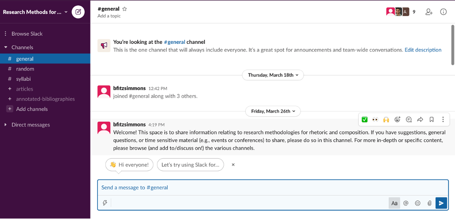 A screenshot shows an overview of a Slack workspace set up to act as a repository for syllabi and writings pertinent to research methods in rhetoric and composition.