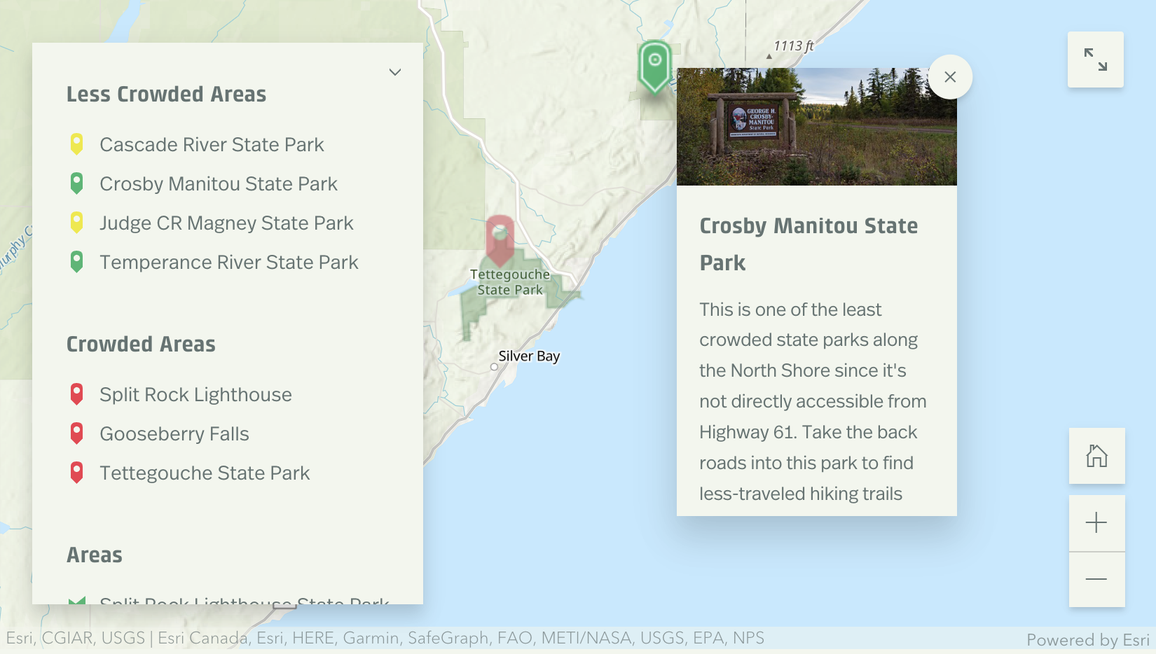 This map lists three state parks in Northern Minnesota that are likely to be crowded: Split Rock Lighthouse, Gooseberry Falls, and Tettegouche State Park. These are marked on the map in red. Four other less crowded state parks are also mapped. Those likely to be least crowded are marked in green, and those with moderate crowding in yellow. This screenshot shows a description written by the map author for Crosby Manitou State Park that reads, “This is one of the least crowded state parks along the North Shore since it’s not directly accessible from Highway 61. Take the back roads into this park to find less-traveled hiking trails.”