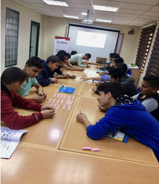 A photo of my students engaged in a game-based activity during a USAID-funded project I led in Palestine in 2017 to support refugee students in developing essential English literacy skills.