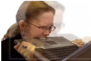 Woman biting computer
