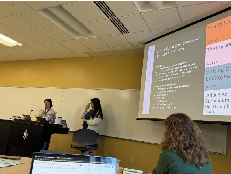 A photograph of Nicole and her colleague Kimberly Groves at the Michigan Writing Center Association 2025 conference presenting on their co-faciliated professional development series in the MSU Writing Center’s 2024-2025 academic year.