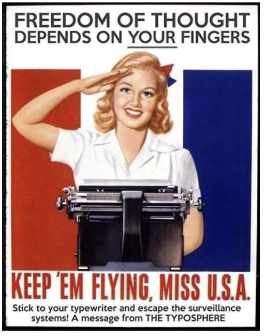 Figure 1: "Keep 'em Flying" poster created by Richard Polt (2026) is a remixed, World War II-style poster extolling patriotic duty through typewriters as non-digital technology.