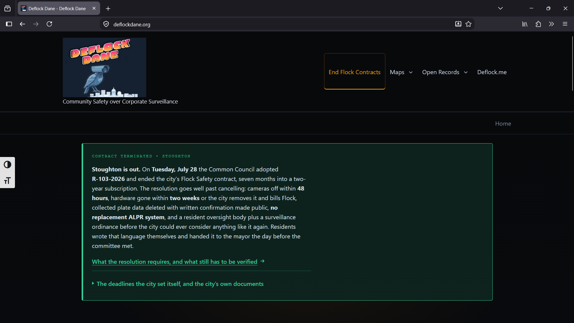 Image description: screengrab of DeFlock Dane's homepage
