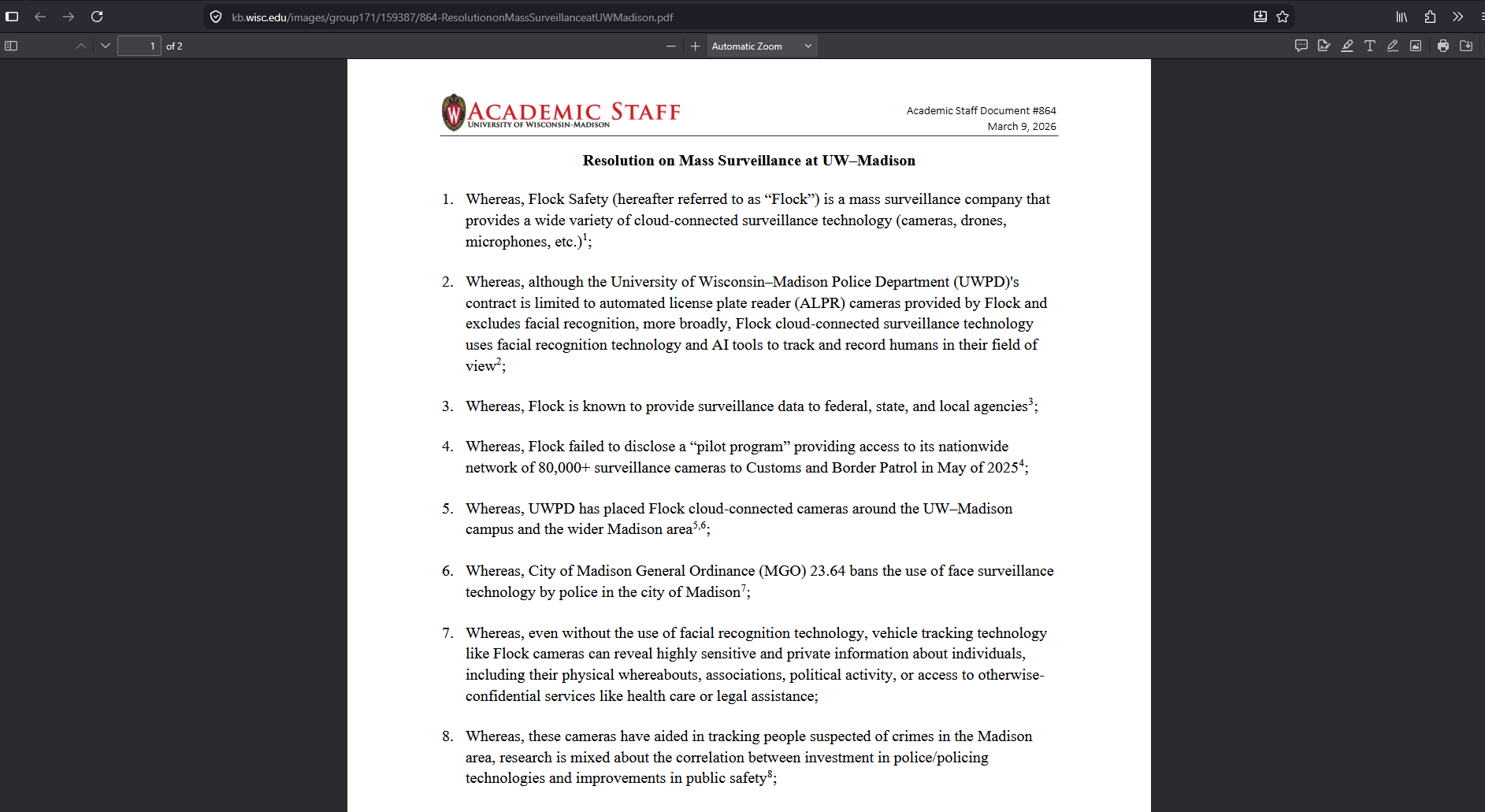 Image description: screengrab of Academic Staff Assembly “Resolution on Mass Surveillance at UW-Madison”