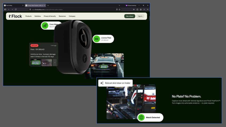 Image description: two screengrabs of different elements on the Flock LPR webpage. Both screengrabs present a visual depiction of the image capture and data extraction features of LPRs.