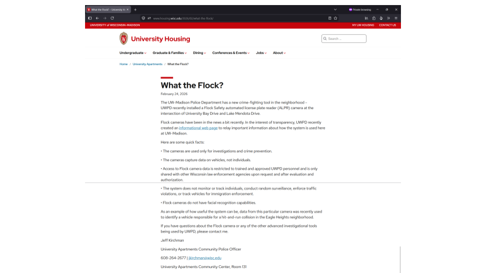 image description: two overlapping screengrabs of a blog post from University Housing community police officer about Flock cameras.