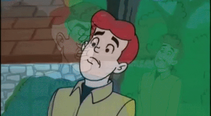 Archie, animated male character with red hair, is being pointed at by a hand; Archie has a sad expression on his face.