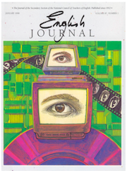 English Journal cover with hand-drawn eyes on computer screens and film