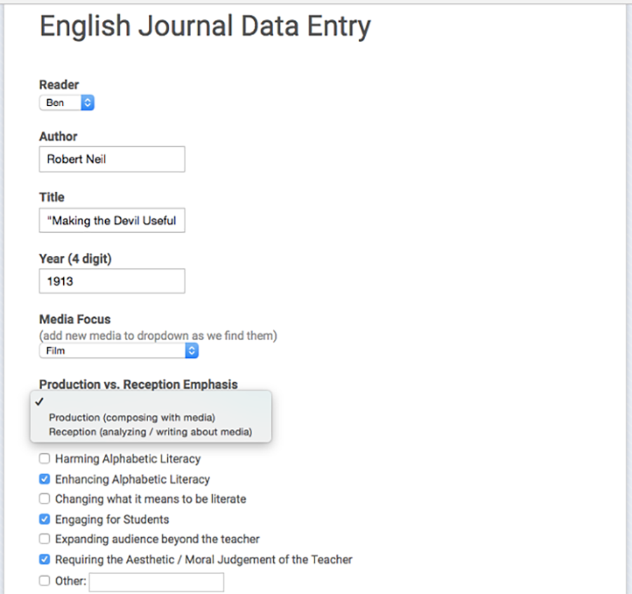 Screenshot of Google Form we used to collect data, showing fields for reader (Ben or Jason), title, author, media, focus and production/reception emphasis. The screenshot shows data entered for Michael Neal's 1913 article about silent film, 'Making the Devil Useful'