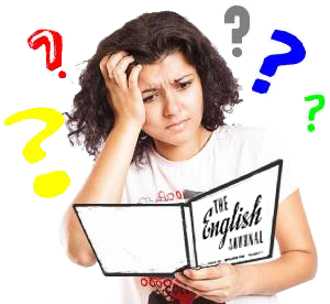 Woman reading copy of English Journal surrounded by question marks.