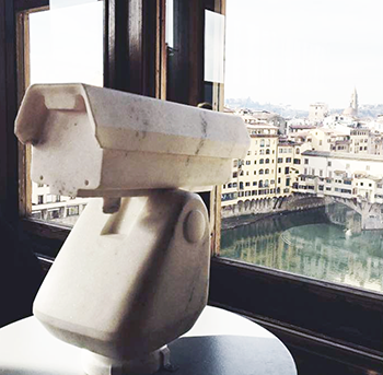 Marble Surveillance Camera looking out on the Ponte Vecchio in Florence, Italy