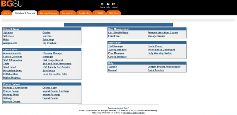 screenshot of Blackboard control panel