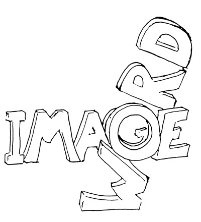 Drawing of the words "word" and "image" intertwined mechanically.