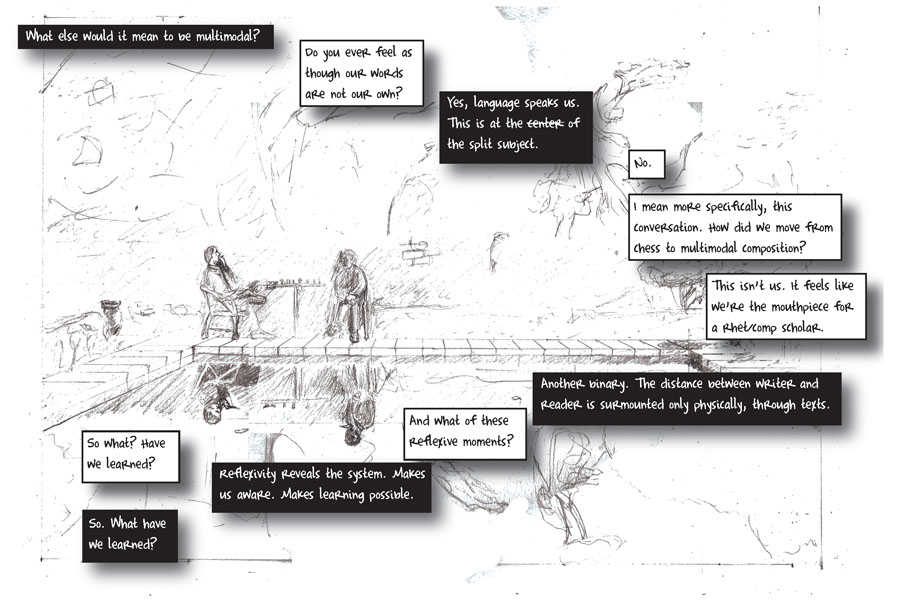 Comic in which the characters tie this all back to multimodal composition. Background image is of a sketch of the first page.