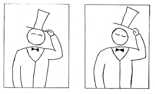Drawing based on McCloud's concept of closure. In the first panel a figure has a hand on their hat. In the second the hat is raised.