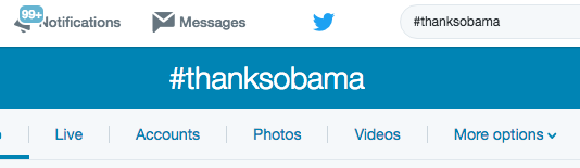 Screen capture of hashtag ThanksObama from Twitter.com