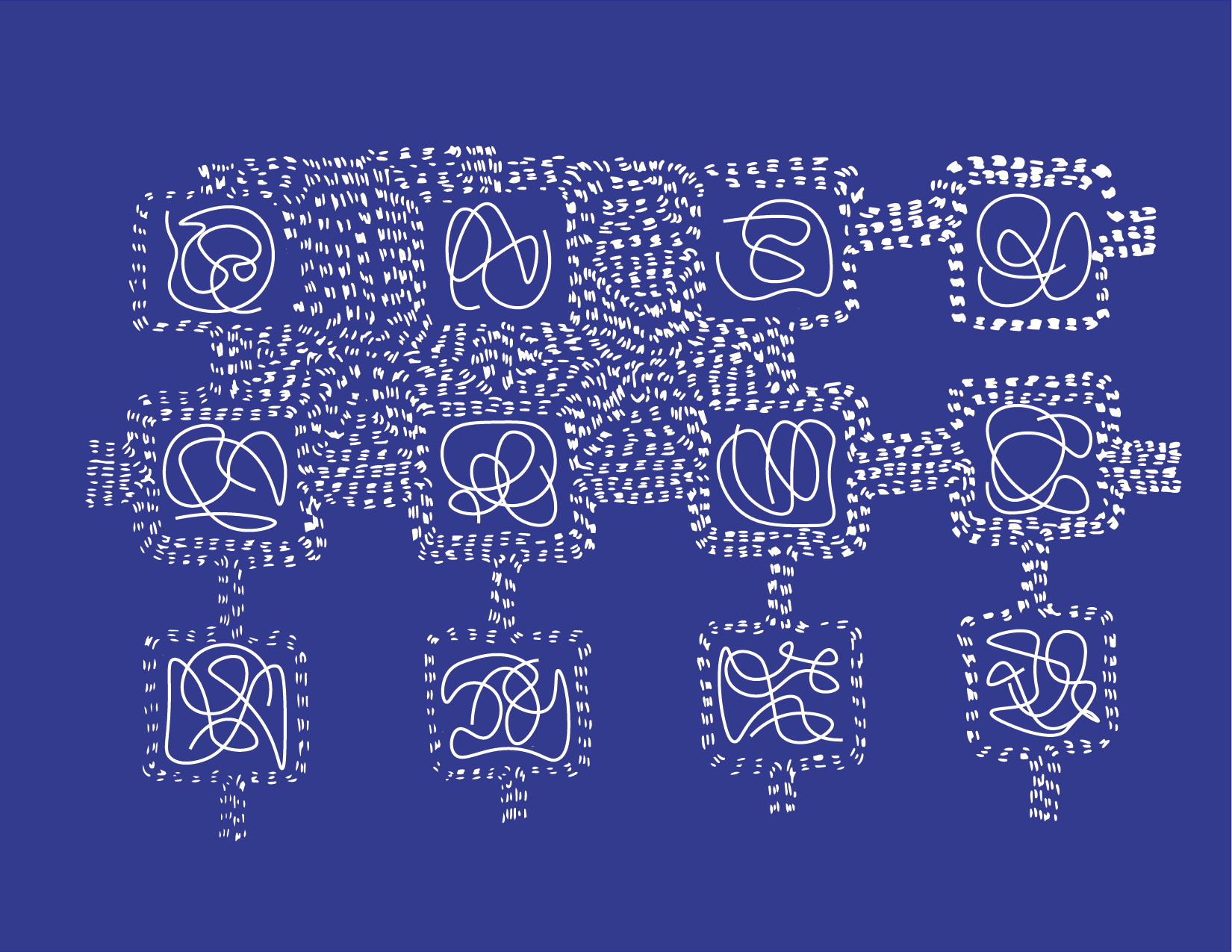 Abstract line drawing of squiggles being surrounded by small dashes.