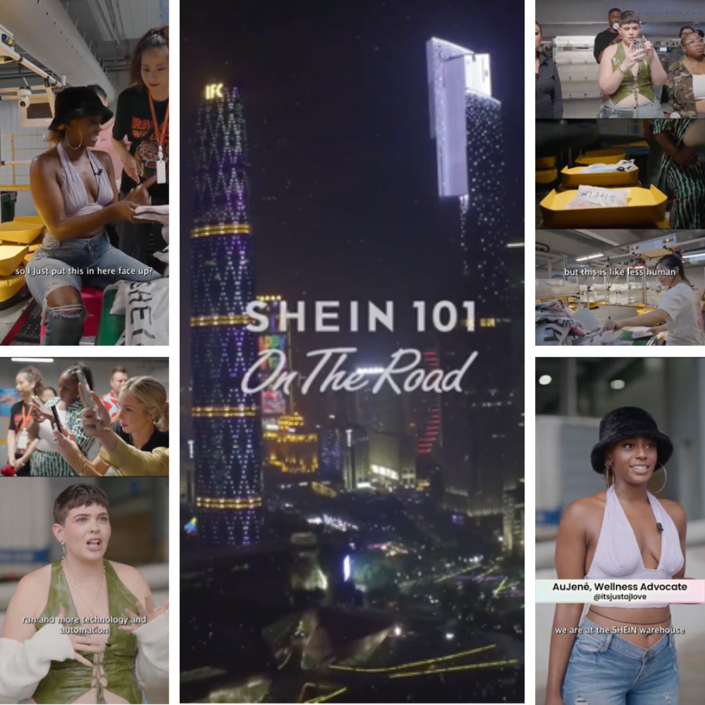 Collage of screenshots from Tik Toks about the Shein factories. Shows young women standing in a clothing factory.