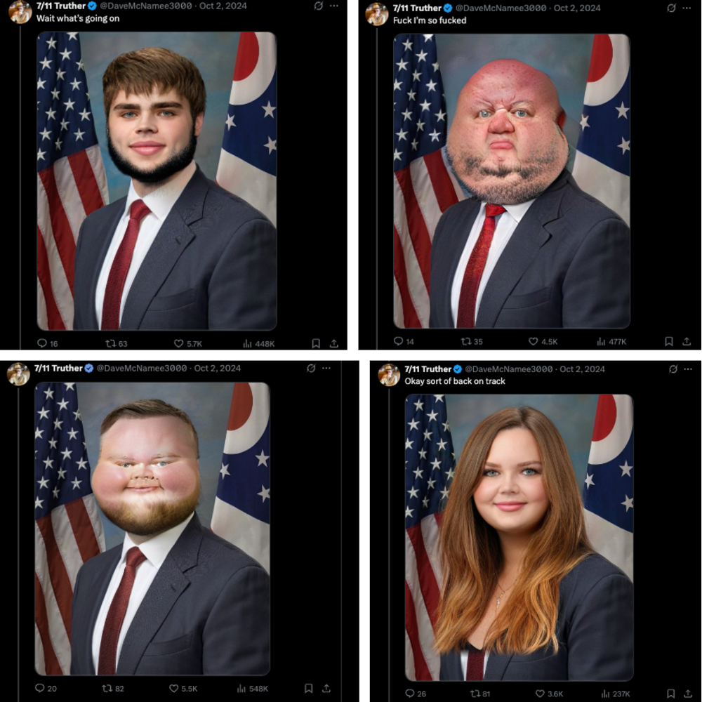Collage of four tweeted photoshopped images of J.D. Vance. Once as a woman, one with a baby face, one with a dyed beard, and one as an old man.