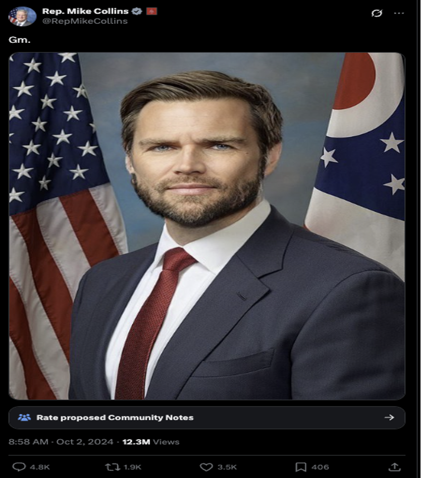 Twitter post of an image of vice president J.D. Vance photoshopped to make him look more traditionally masculine.