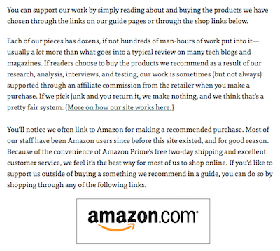 Image of The Wirecutter's description of its affiliate funding system