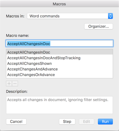 Screenshot of Word macro panel
